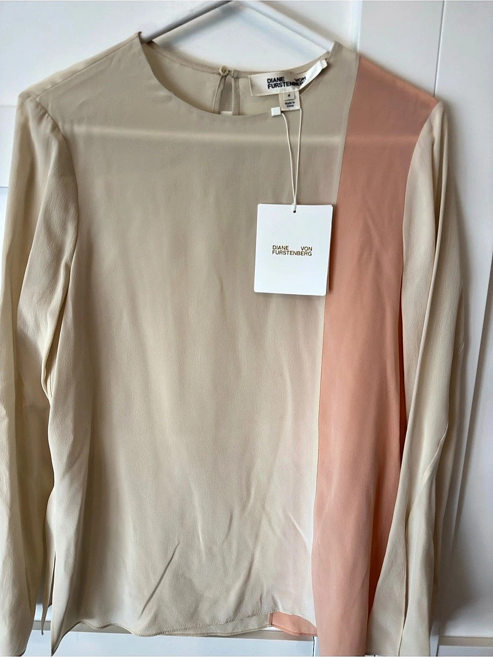 Diane von Furstenberg Silk Color Block Long Sleeve Blouse in Beige & Pink NWT